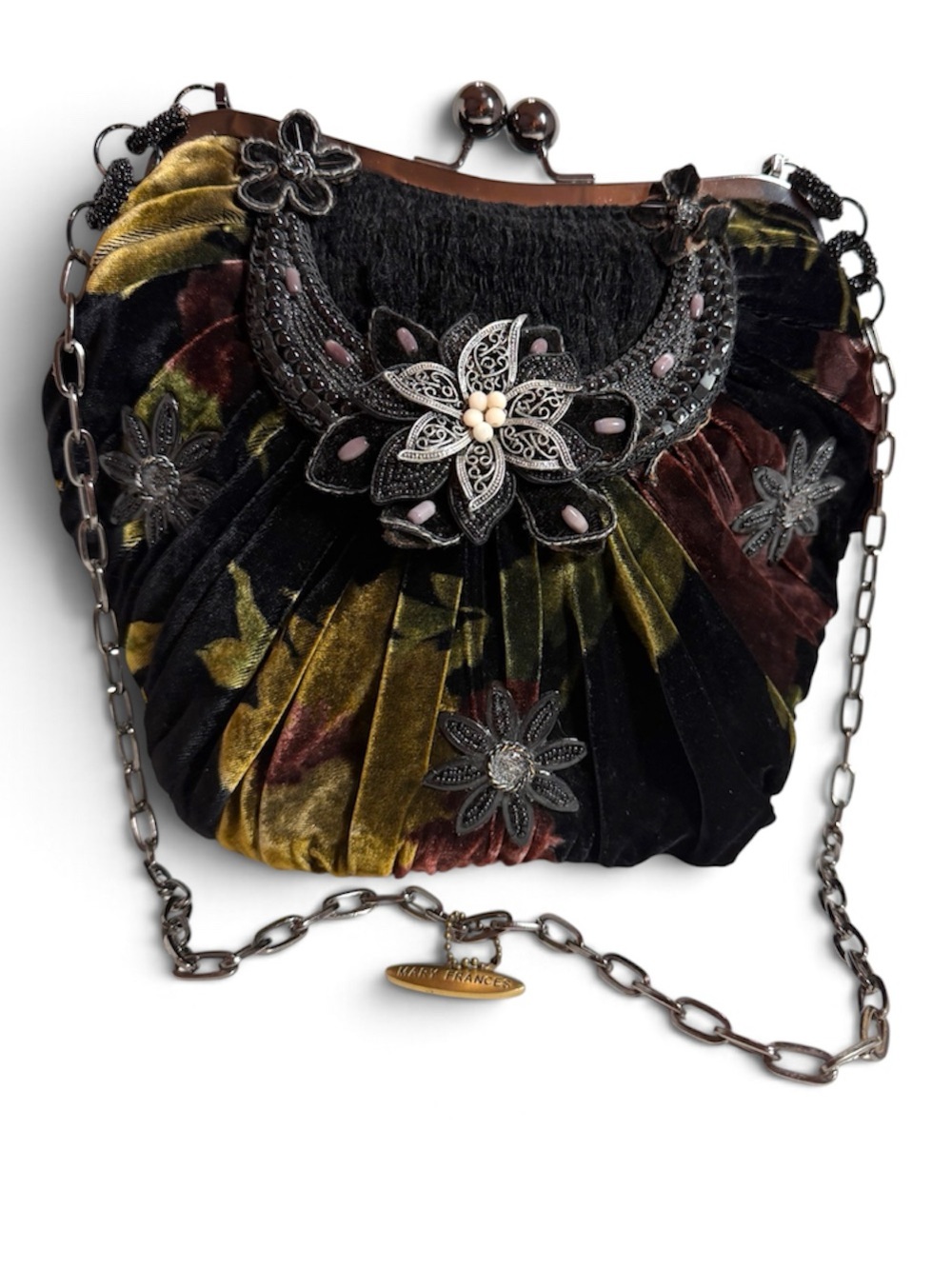 Mary Frances Black Velvet Floral Embellished Kiss-Lock Clutch